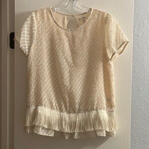 Max Studio Cream Fringe-Hem Short Sleeve Textured Blouse